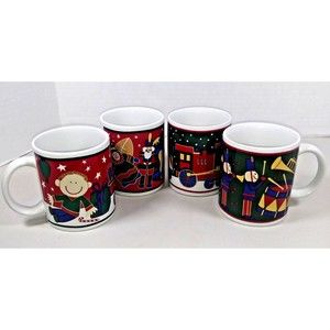 Cooks Club Christmas Holiday Mugs Porcelain Lot of 4 Trains Children Nutcracker